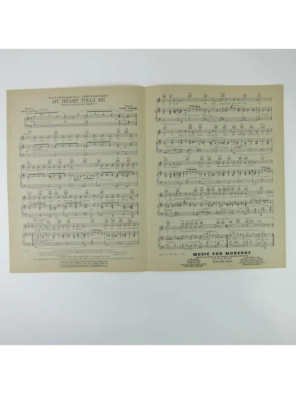 Sheet Music My Heart Tells Me Sweet Rosie O'Grady Betty Grable Vintage 1943